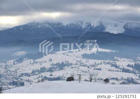 Winter landscape with small village houses between snow covered forest in cold mountains 125291731