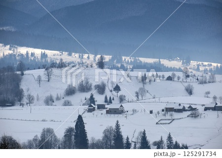 Winter landscape with small rural houses in remote settlement between snow covered forest in cold mountains Winter landscape with small rural houses in remote settlement between snow covered forest in cold mountains 125291734
