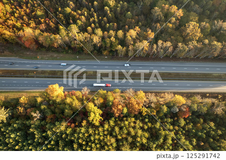 Wide multilane highway road in USA Appalachian mountains with fast driving semi trucks. Above view of American transportation infrastructure 125291742