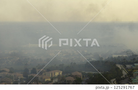 View from above of lagre wildfire burning severely in North Port city, Florida. Hot flames in forest with toxic smoke polluting atmosphere View from above of lagre wildfire burning severely in North Port city, Florida. Hot flames in forest with toxic smoke polluting atmosphere 125291767