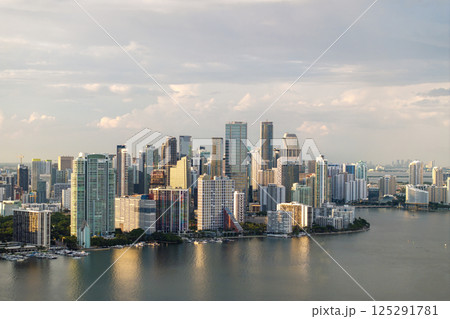 Urban cityscape of Miami Brickell downtown district in Florida, USA. Skyline with waterfront skyscraper buildings in modern American city 125291781