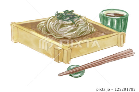 美味しそうなざるそばの手描き水彩イラスト 125291785