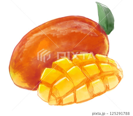 美味しそうで新鮮なカットされたマンゴーの手描き水彩イラスト 125291788