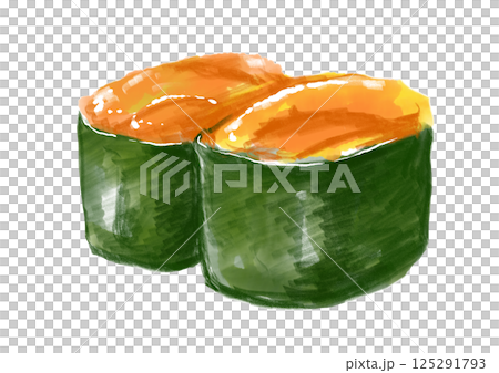美味しそうで新鮮なウニの軍艦巻き寿司の手描き水彩イラスト 125291793