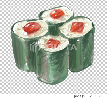 美味しそうで新鮮な鉄火巻き寿司の手描き水彩イラスト 125291795