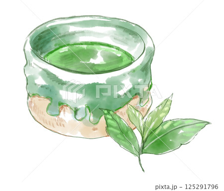 美味しそうな抹茶と抹茶の茶葉の手描き水彩イラスト 125291796