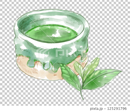 美味しそうな抹茶と抹茶の茶葉の手描き水彩イラスト 125291796
