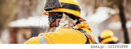 Firefighter holding a content cat during rescue operation 125291899