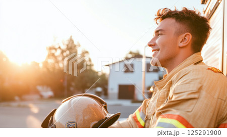 Smiling firefighter in uniform holding helmet outside, bright sunny day 125291900