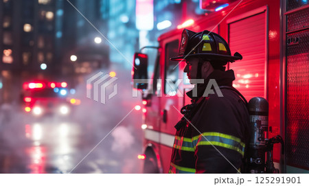 Firefighter standing next to fire truck on city street at night 125291901