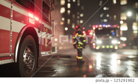 Firefighter standing next to fire truck on city street at night 125291902