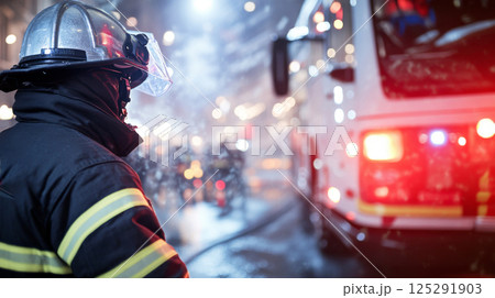 Firefighter standing next to fire truck on city street at night 125291903