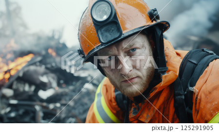 Firefighter in yellow helmet with soot-covered face and uniform, debris in background 125291905