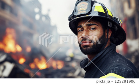 Firefighter facing camera with determined expression, emergency in background 125291906