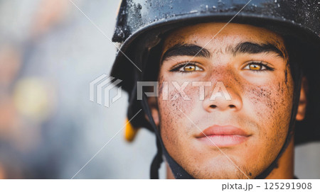 Firefighter facing camera with determined expression, emergency in background 125291908