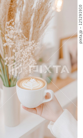 A woman holding cozy mug with latte art in warm setting, perfect for autumn background 125291910