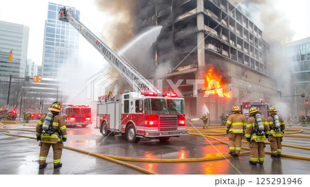 Firefighters battling high-rise building blaze, urban emergency scene 125291946