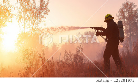 Firefighter battling forest blaze under orange sky, silhouette, emergency concept 125291973