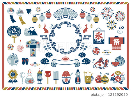 夏の素材と和風フレームのデザインセット 125292030