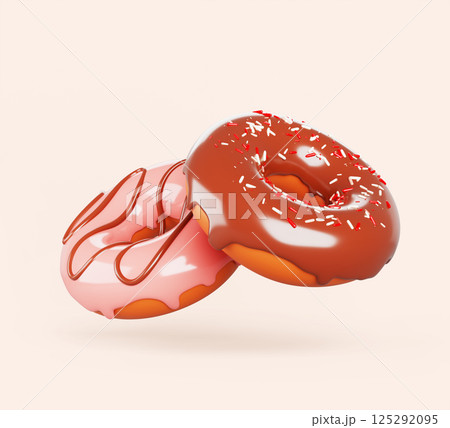 3d donut food render icon set. Flying doughnut with chocolate and pink icing. Birthday sweet cake dessert with melt cream drip, sprinkle and stripe glaze. Isolated bakery circle snack. 3D illustration 125292095