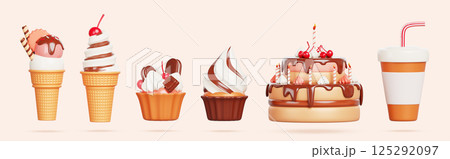 3d sweet dessert set - birthday chocolate cake with candle, cupcake with cream and cherry, ice cream, drink in cup with straw. Cafe confectionery menu, isolated realistic render icons. 3D illustration 3d sweet dessert set - birthday chocolate cake with candle, cupcake with cream and cherry, ice cream, drink in cup with straw. Cafe confectionery menu, isolated realistic render icons. 3D illustration 125292097