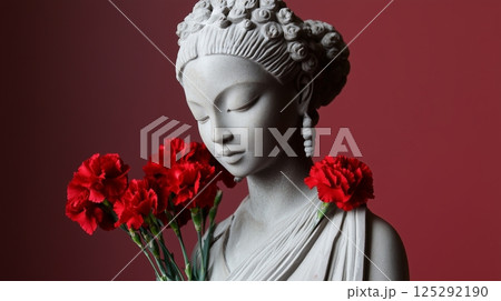 Ancient woman Statue with carnations flowers 125292190