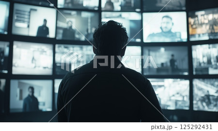 A Man In A Digital Video Wall Room With Multiple Screens A Man In A Digital Video Wall Room With Multiple Screens 125292431