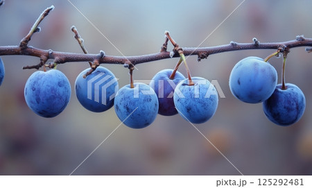 Frozen Plums on a Branch in Winter Frozen Plums on a Branch in Winter 125292481