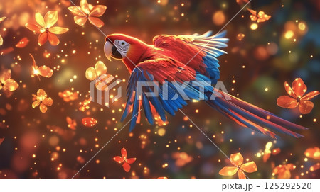 Vibrant Scarlet Macaw in Mid-Flight Surrounded by Magical Glowing 125292520