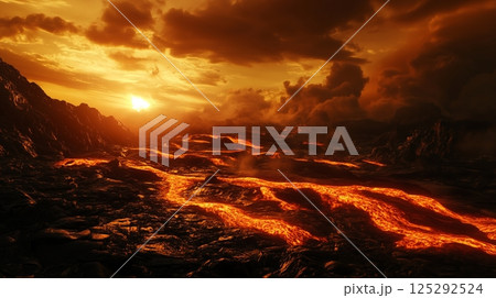 Vivid Volcanic Landscape with Flowing Lava 125292524