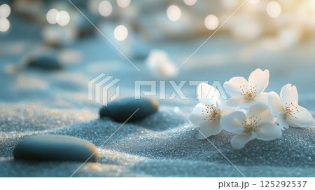 White Flowers Bloom on Zen Stones in Soft Sand 125292537
