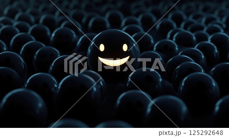 A cheerful smiling glowing smiley face among gloomy black emoticons 125292648