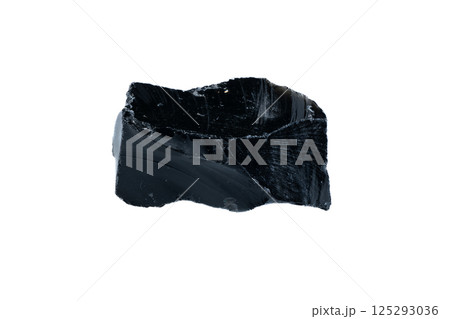 Natural Obsidian Stone Close-Up Isolated on White Background with Black Glossy Texture Natural Obsidian Stone Close-Up Isolated on White Background with Black Glossy Texture 125293036