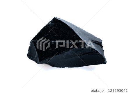 Natural Black Obsidian Stone Specimen Isolated on White Background 125293041