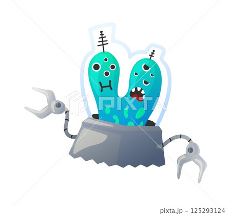 Aliens with spacecraft. Cosmic invader. Childish monsters on rockets. Extraterrestrial discovery . UFO spaceship. Bizarre spaceman in flying saucer. Vector cartoon fiction character 125293124