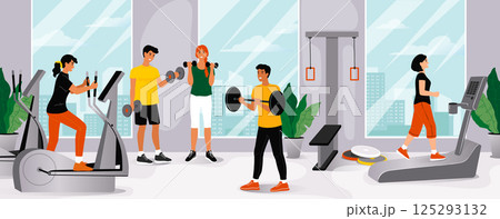 Gym exercises. Sport workout. Man or woman on weight training. Active health persons. Sportsman running on treadmill. Bodybuilder lifting dumbbell. Athletic instructor. Vector illustration 125293132