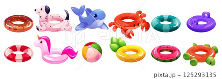 Pool ring. Swim floater, buoy for sea, float beach wheel or inflatable summer donut. Children rubber duck, glossy flamingo and crab. Ball and pineapple. Vector cartoon isolated illustration 125293135