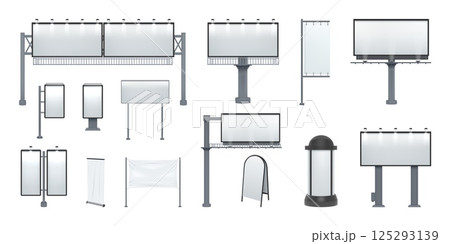 Outdoor billboards. Led sign mockup. 3D road signboard for outside ad. Blank street boards. Urban lightboxes. Commercial announcement signpost. Vector realistic roadside banners set Outdoor billboards. Led sign mockup. 3D road signboard for outside ad. Blank street boards. Urban lightboxes. Commercial announcement signpost. Vector realistic roadside banners set 125293139