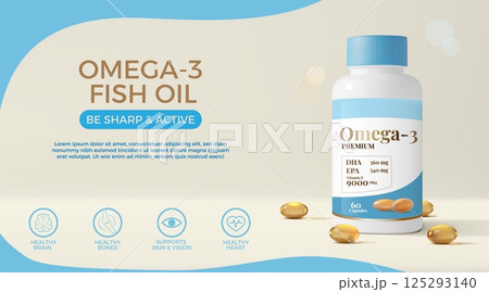 Vitamin supplement. Advertising banner design. D pill. Fish oil bottle ad with omega 3. Plastic 3d meds container. C nutrition. d3 capsule. Top view of dietary tablet. Vector background Vitamin supplement. Advertising banner design. D pill. Fish oil bottle ad with omega 3. Plastic 3d meds container. C nutrition. d3 capsule. Top view of dietary tablet. Vector background 125293140