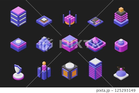 Isometric box. 3d technology cube in digital perspective. Abstract geometry shapes. Futuristic database. Computer microchip. Processor shield. Glowing datacenter. Vector rectangle logo set 125293149