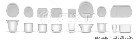 Yogurt cup. Plastic container. Package mockup. Realistic pot pack for dairy product. Yoghurt jar shapes. Blank sour cream box side and top view. Milk mousse dessert. Vector packaging set 125293150