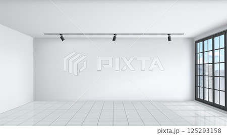Empty room. Home interior. Tile floor. Ceiling lamp. Light from window. White walls. Clean bedroom. 3d apartments. Office space for furnishing. Architecture design. Vector background 125293158