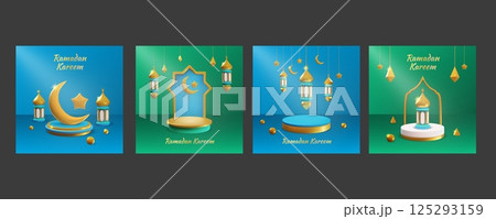 Ramadan background set. 3d greeting social media post, islam mubarak lantern or light gold decoration. Golden moon lamp, ramazan empty podium. Traditional Muslim vector banner collection 125293159