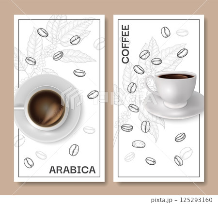 Coffee cup flyer. Menu cover design. Side and top view realistic mug on ceramic plate with hot espresso, Arabica beverage poster set. Hand drawn grains on background. Vector illustration 125293160
