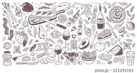 Food print. Kitchen tomato dinner, italian cheese supermarket texture. Vintage menu ingredients, grocery sketch. Pizza, bread and vegetables. Doodle background. Vector isolated illustration 125293163