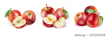 Watercolor apple. Red fruit compositions for juice, autumn food. Label of nature harvest dessert. Realistic image. 3d fresh delicious whole and half product isolated. Vector illustration 125293169