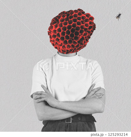 Abstract portrait of woman body with red hornet nest head 125293214