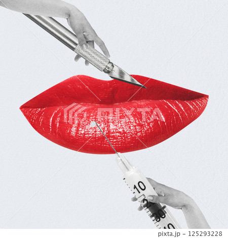 Woman lips and scalpel with syringe 125293228
