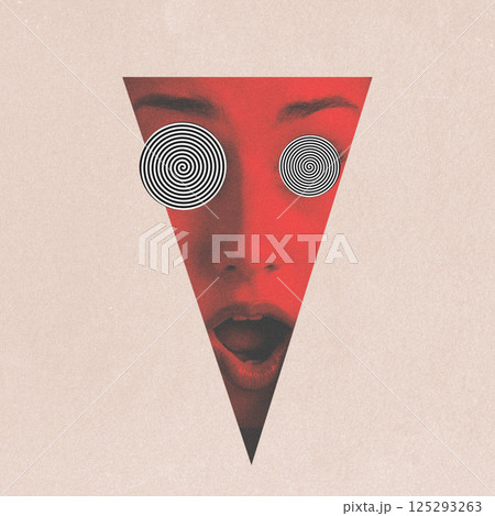 Abstract woman portrait made of red triangle and white hypnotic spiral circles 125293263