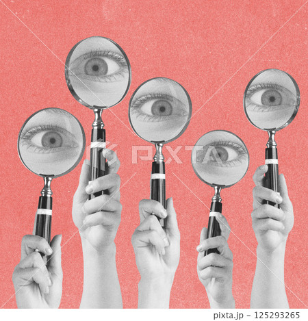 Magnifying loop glasses and big eyes in pink background 125293265